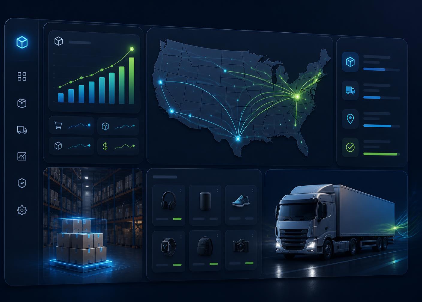 Bijoy Outlet warehouse dashboard showing US shipping routes, live order analytics, and same-day fulfillment